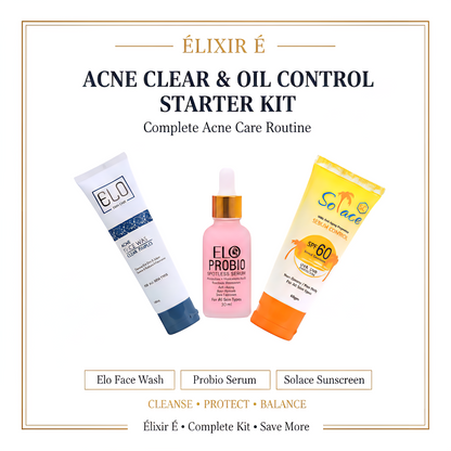 Acne clear and oil control starter kit with Elo Face Wash, Probio Serum, and Solace Sunscreen 